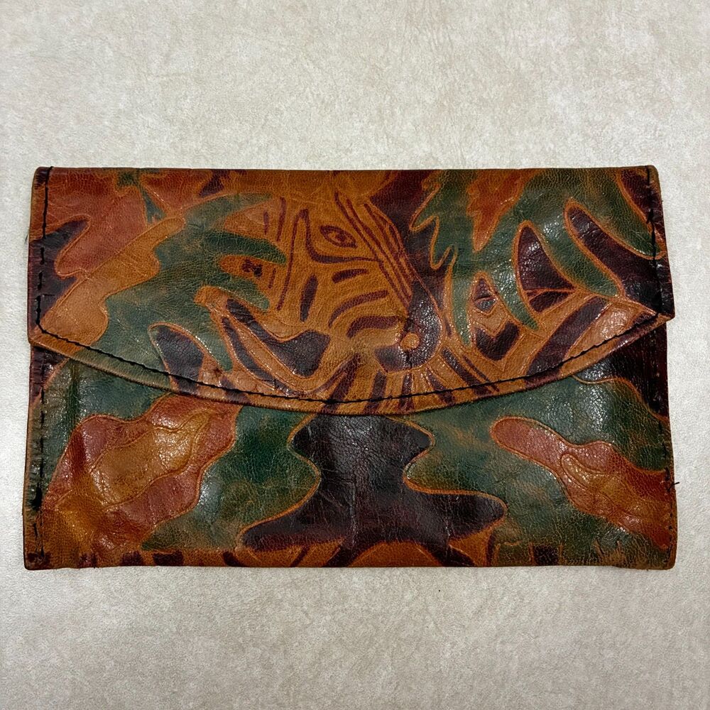 Vintage Hand-Tooled Painted Leather Zebra Wallet Clutch Envelope Boho Artsy soft